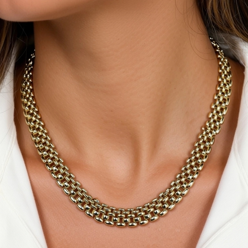 Vintage 5 row Panther Link Silver Tone Necklace Cleopatra Style